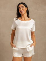 [White] SilkSilky-UK 19Momme Machine-Washable Silk Short Sleeve Round Neck Women's Pyjamas 001