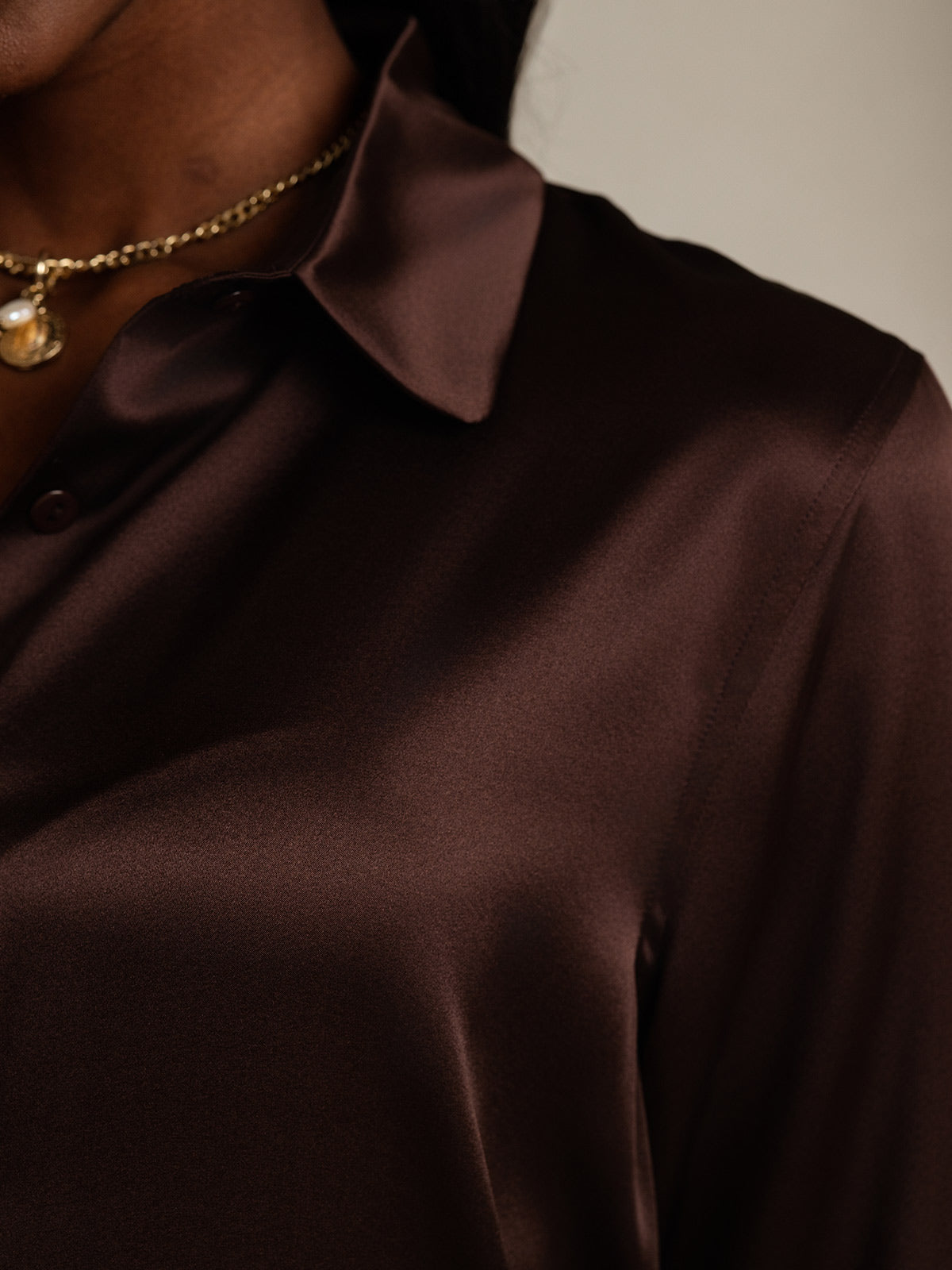 [Bitter Chocolate] SilkSilky-UK 19Momme Stretch Silk Charmeuse Long Sleeve Lapel Collar Women's Shirt 003