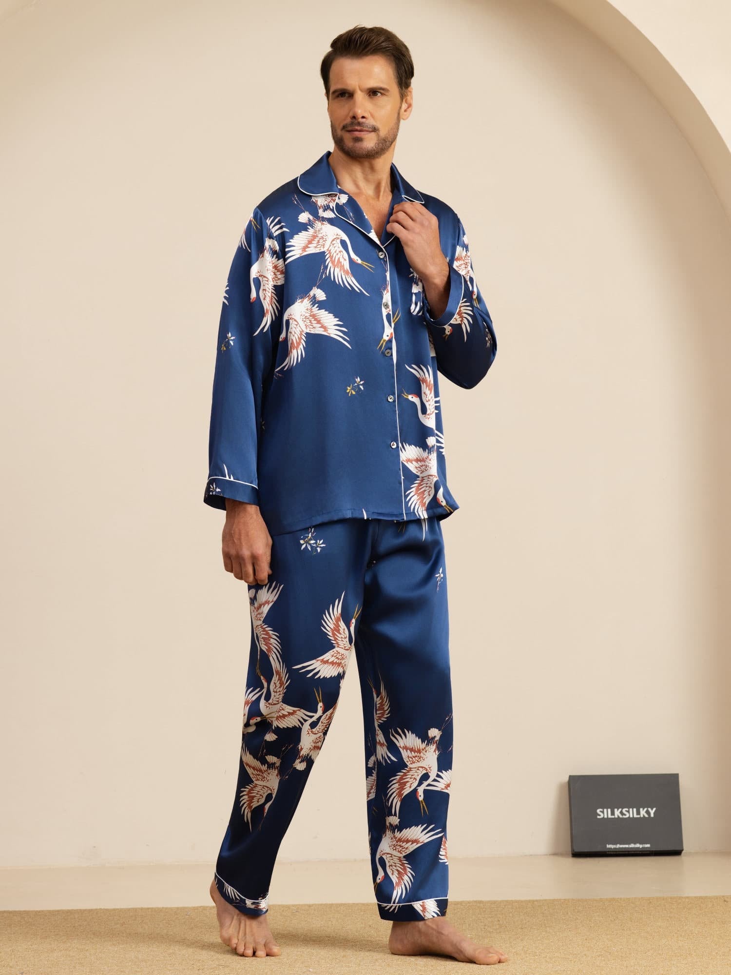 [Dark Blue] SilkSilky-UK 19Momme Long Sleeve Notch Collar Men's Pyjamas 004