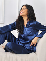 [Dark Blue] SilkSilky-UK Long Sleeve Lapel Collar Women's Pyjamas 001