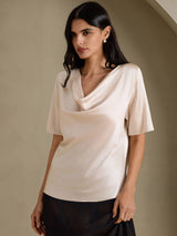 [Beige] SilkSilky-UK Short Sleeve Cowl Neck Women's Blouse 001