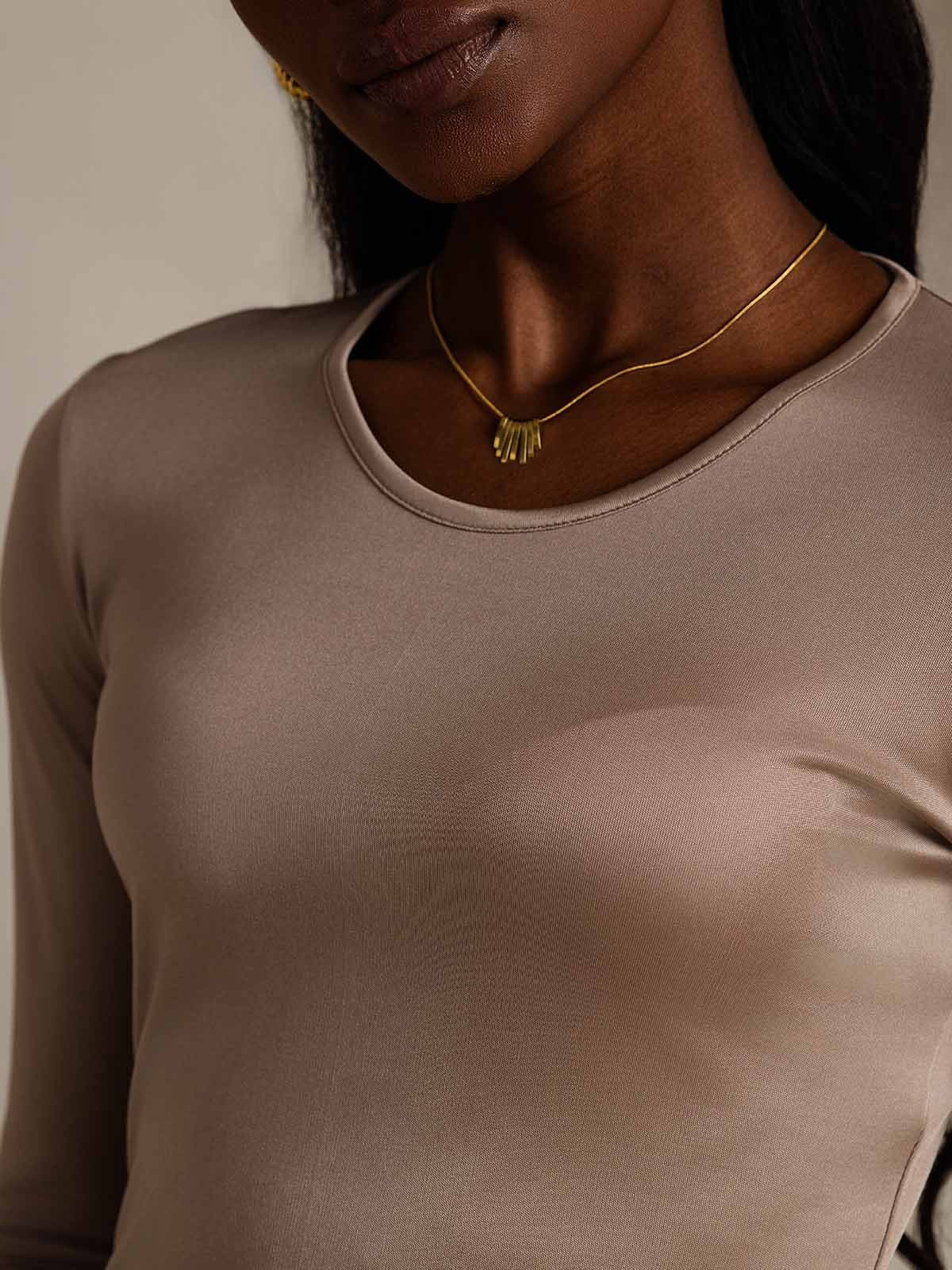[Coffee] SilkSilky-UK Silk Long Sleeve Round Neck Women's T-Shirt 008