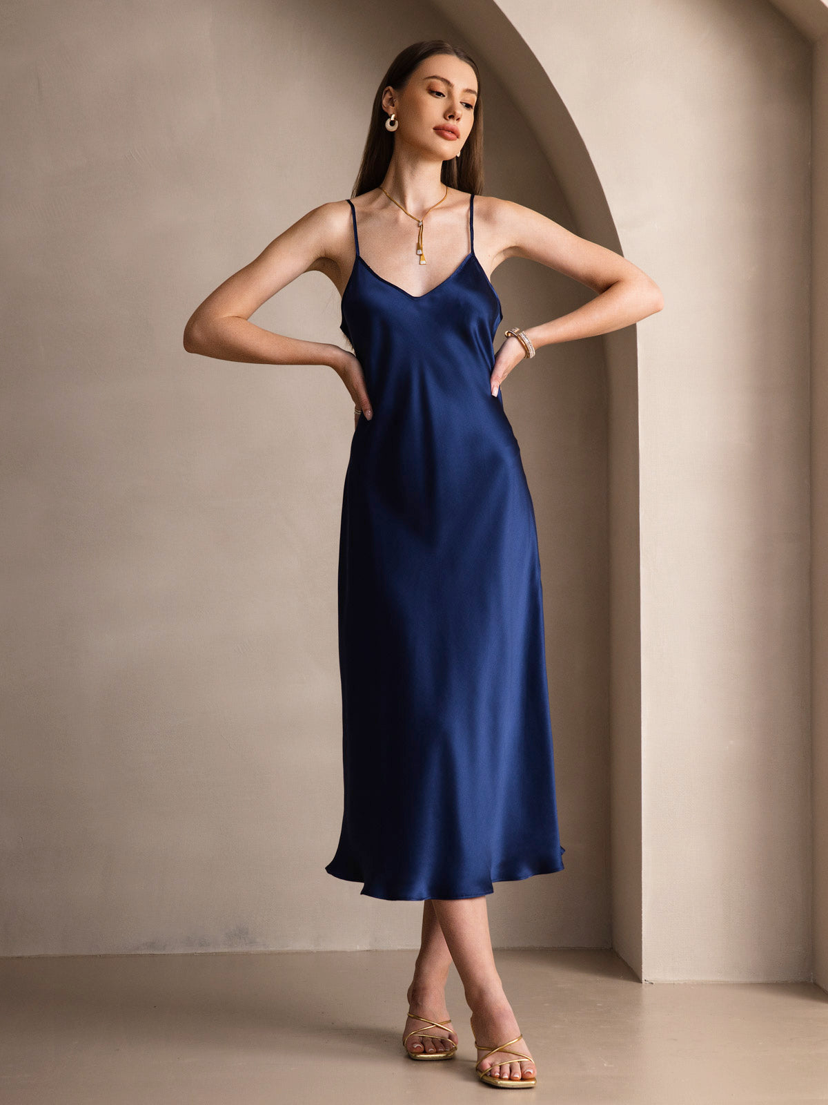 [Dark Blue] SilkSilky-UK Spaghetti Strap V Neck Dress 004