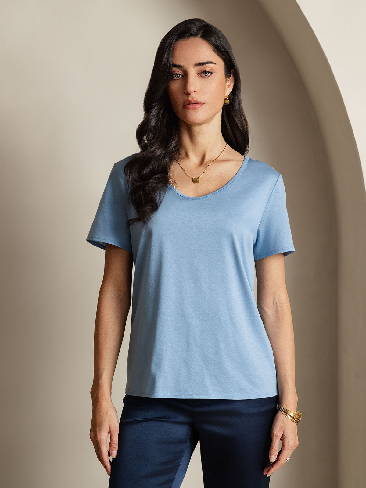 SilkSilky-UK Silk Short Sleeve V Neck Women's T-Shirt Blue 001