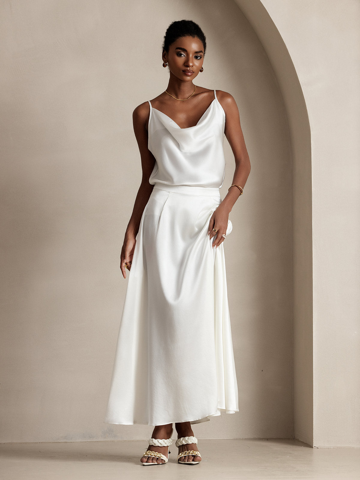 [White] SilkSilky-UK 19Momme Stretch Silk Charmeuse Skirt 005