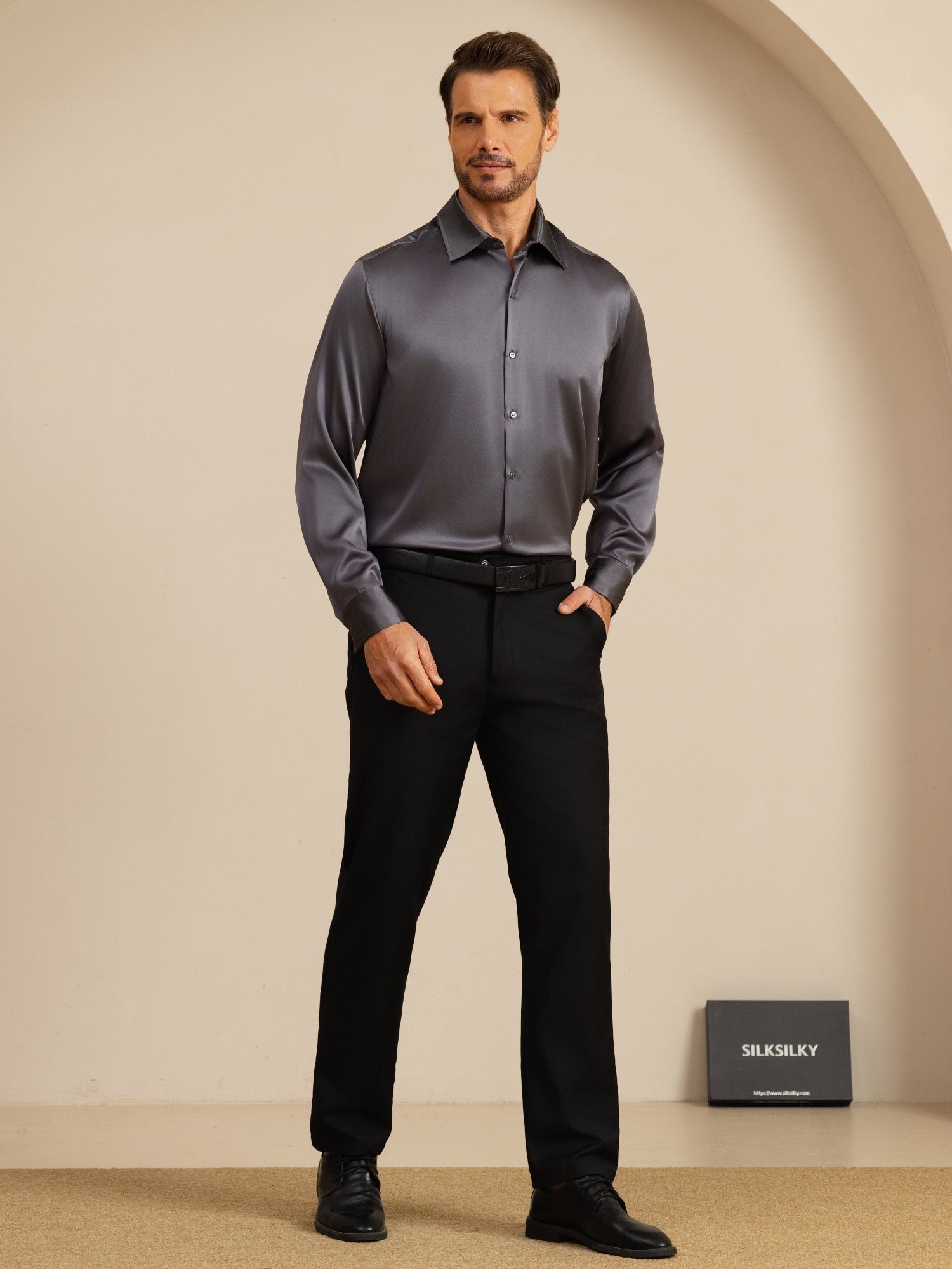 [Dark Gray] SilkSilky-UK 19Momme Stretch Silk Charmeuse Long Sleeve Lapel Collar Men's Shirt 008