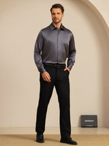 [Dark Gray] SilkSilky-UK 19Momme Stretch Silk Charmeuse Long Sleeve Lapel Collar Men's Shirt 008