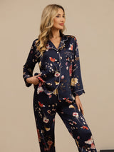 [Navy Floral] SilkSilky-UK Long Sleeve Lapel Collar Women's Pyjamas 005
