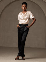 [Beige] SilkSilky-UK Short Sleeve Cowl Neck Women's Blouse 005