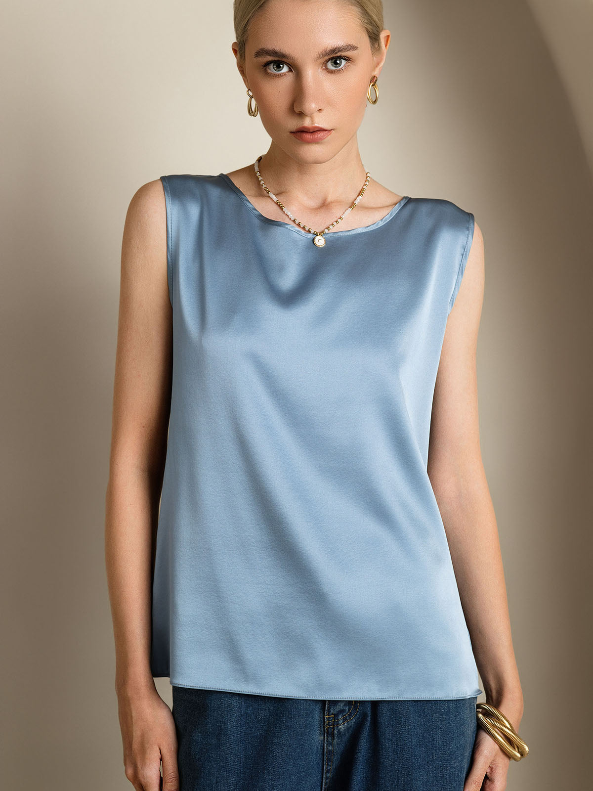 [Grayish Blue] SilkSilky-UK 19Momme Silk Round Neck Camisole 005