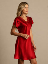 [Dark Red] SilkSilky-UK Short Sleeve V Neck Nightdress 006