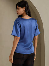 [Real Teal] SilkSilky-UK Short Sleeve Cowl Neck Women's Blouse 002