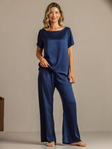 [Dark Blue] SilkSilky-UK 19Momme Machine-Washable Silk Short Sleeve Women's Pyjamas 004