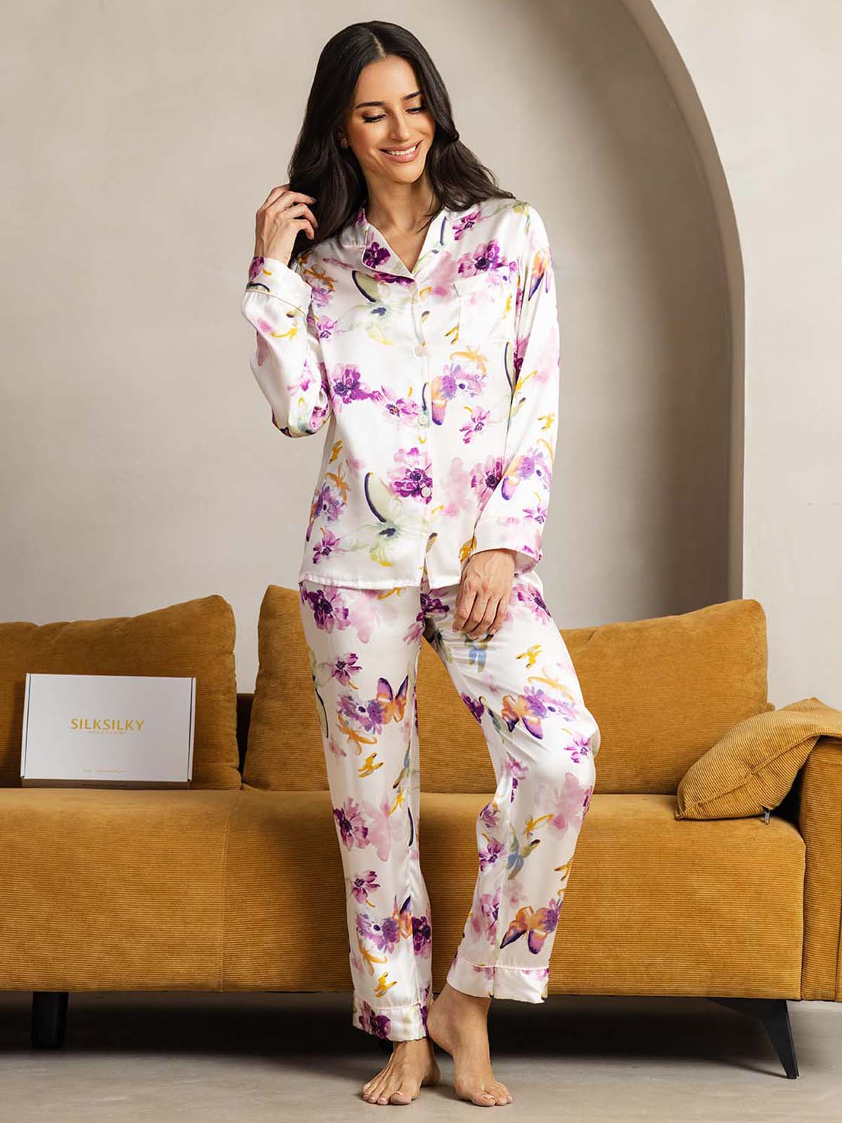 [Watercolor Floral] SilkSilky-UK Pure Silk Womens Pajamas 001