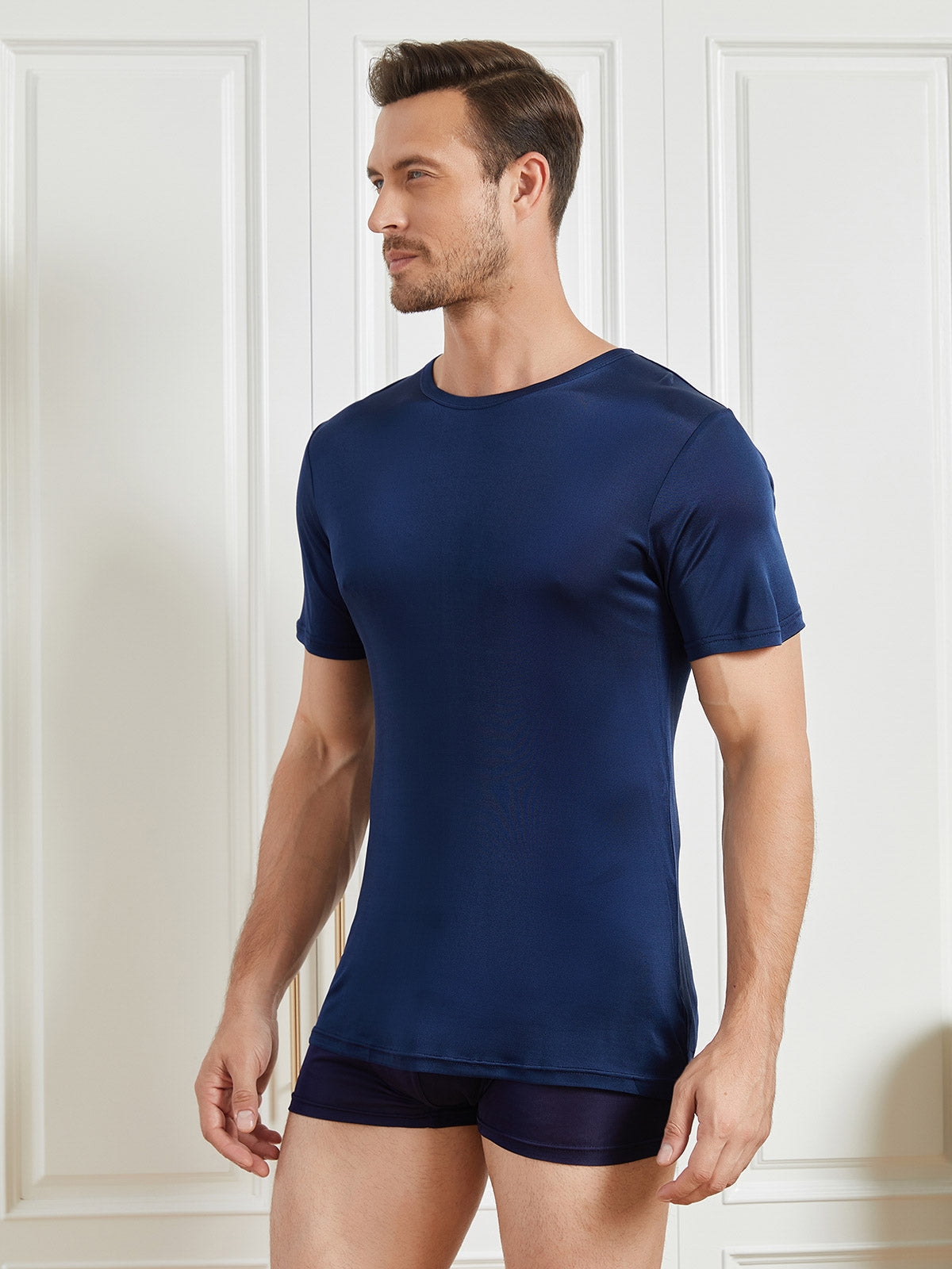 SilkSilky-UK-Silk-Knitted-Short-Sleeve-Round-Neck-Men's-T-Shirt-Dark-Blue-003