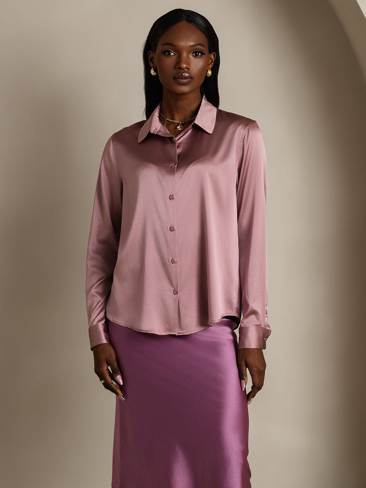 SilkSilky-UK Silk Long Sleeve Collar Women's Shirt PaleMauve 003