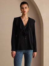 [Black] SilkSilky-UK Long Sleeve Deep V Neck Women's Blouse 003