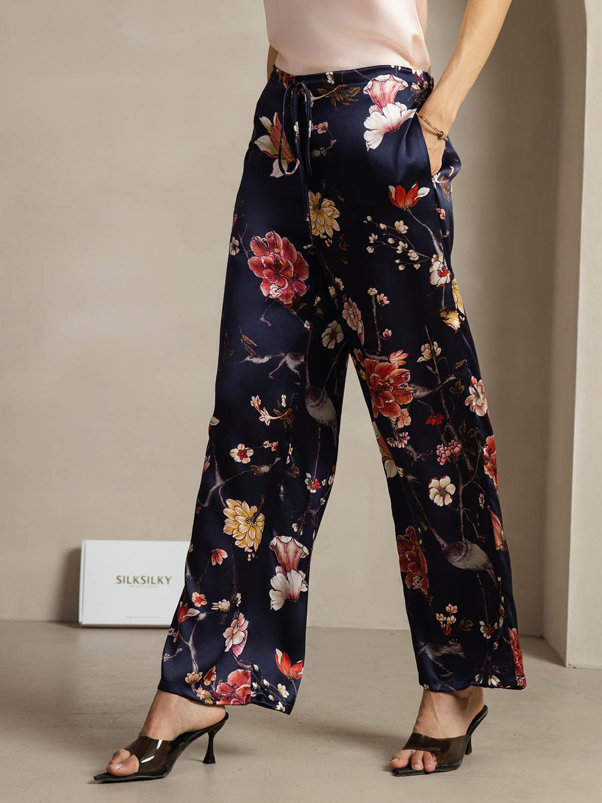 [Navy Floral] SilkSilky-UK 19Momme Silk Womens Pants 003