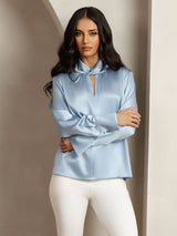 [Grayish Blue] SilkSilky-UK 19Momme Silk Keyhole Neck Women's Shirt 006