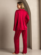 [Wine] SilkSilky-UK 19Momme Machine-Washable Silk Long Sleeve Notch Collar Women's Pyjamas 002