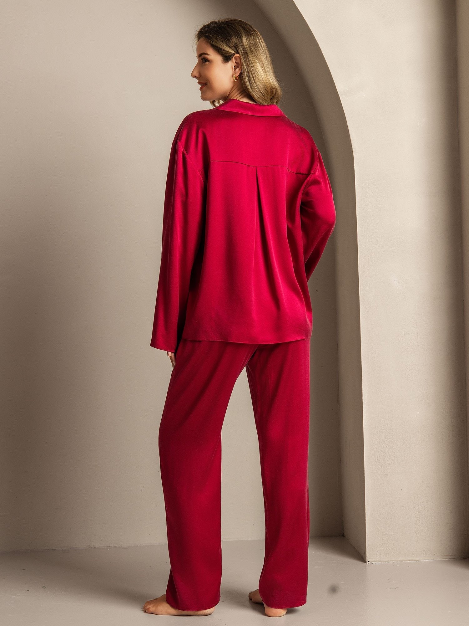 [Wine] SilkSilky-UK 19Momme Machine-Washable Silk Notched Neck Women's Pyjamas 002