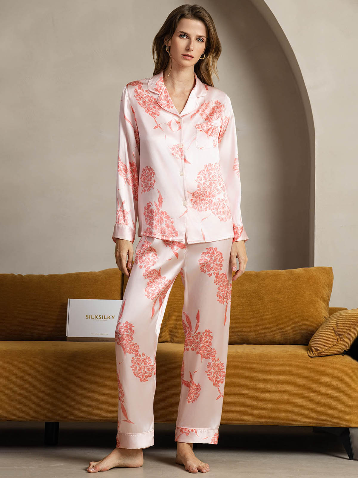 [Coral Floral] SilkSilky-UK Pure Silk Womens Pajamas 001