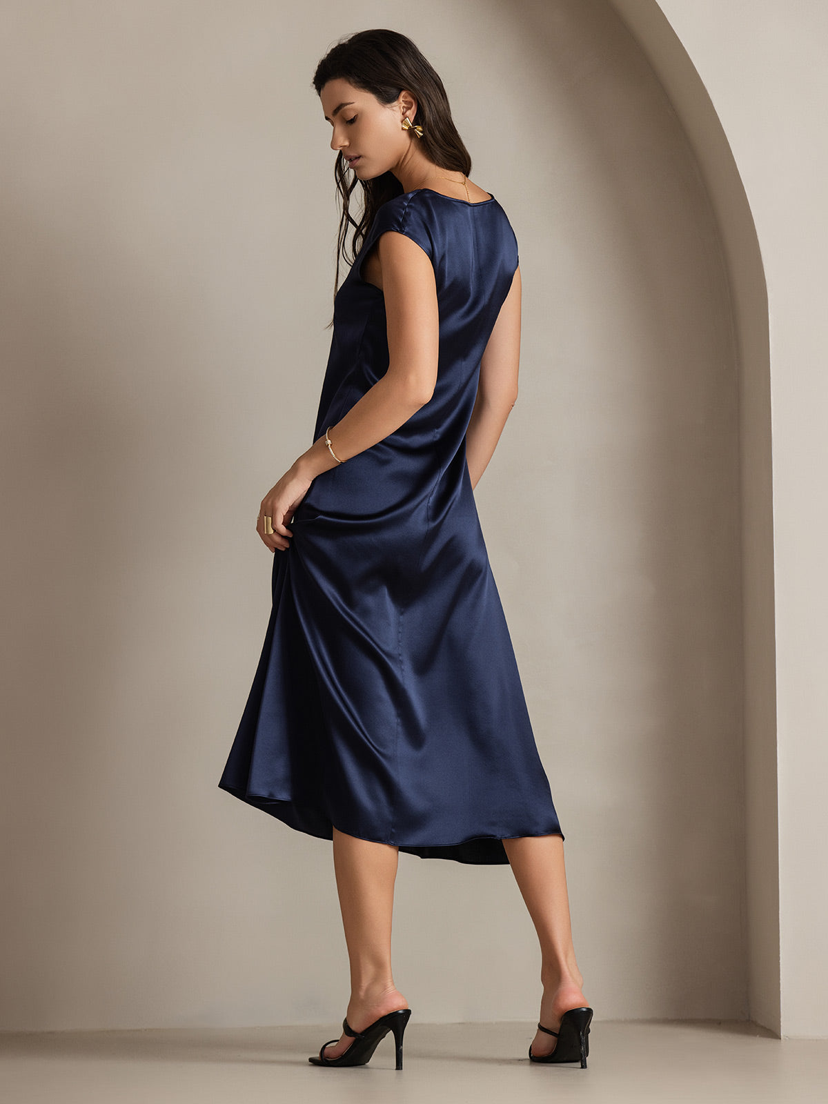 [Dark Blue] SilkSilky-UK 19Momme Silk Round Neck Dress 001