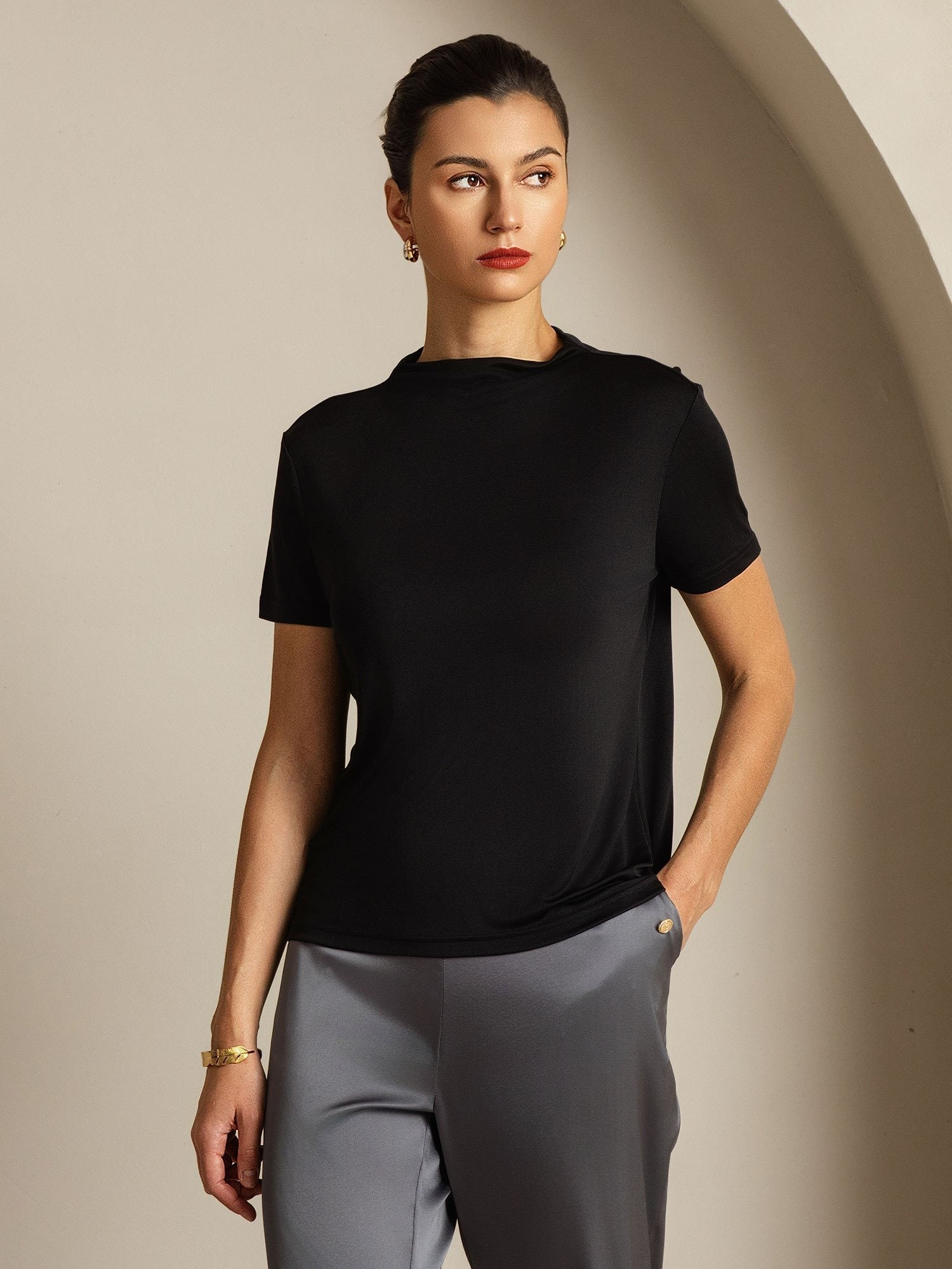 [Black] SilkSilky-UK Pure Silk Collar Women's T-Shirt 008