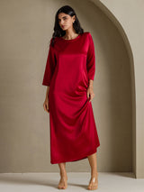 [Wine] SilkSilky-UK 3/4 Sleeve Round Neck Dress 005