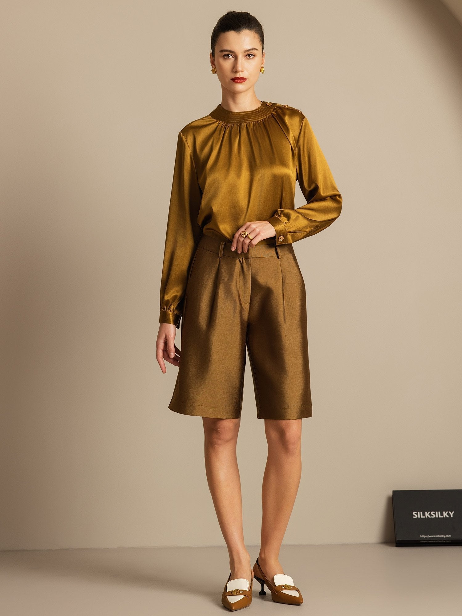 [Bronze] SilkSilky-UK 32Momme Silk-Wool Blend Womens Shorts 007,