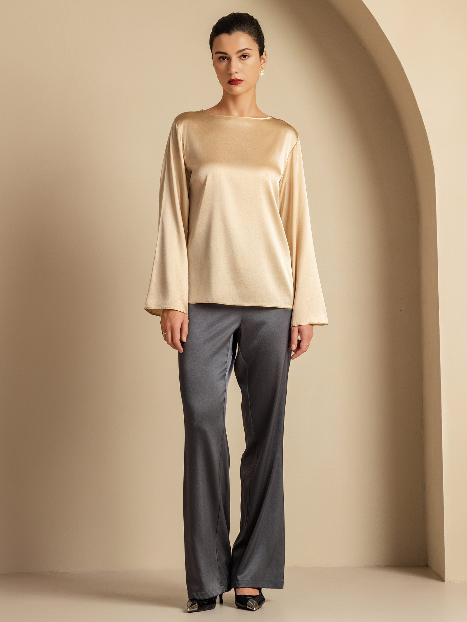 [Champagne] SilkSilky-UK 19Momme Silk Round Neck Women's T-Shirt 009