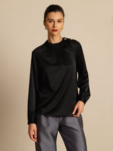 [Black] SilkSilky-UK 19Momme Stretch Silk Charmeuse Long Sleeve Round Neck Blouse 003