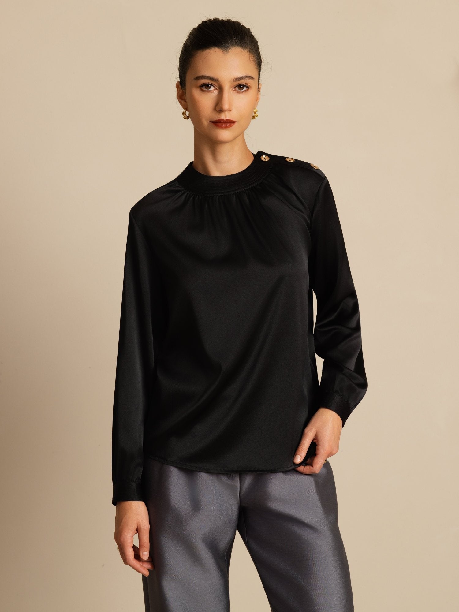 [Black] SilkSilky-UK 19Momme Silk Long Sleeve Round Neck Blouse 003