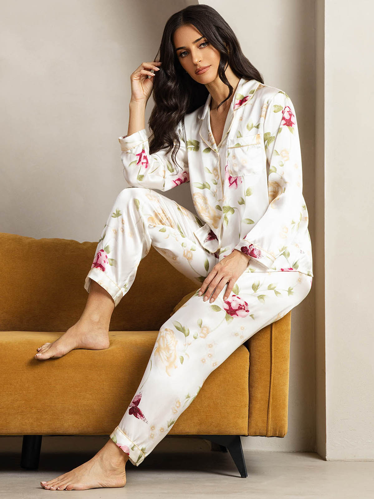 [Ivory Floral] SilkSilky-UK Pure Silk Womens Pajamas 005