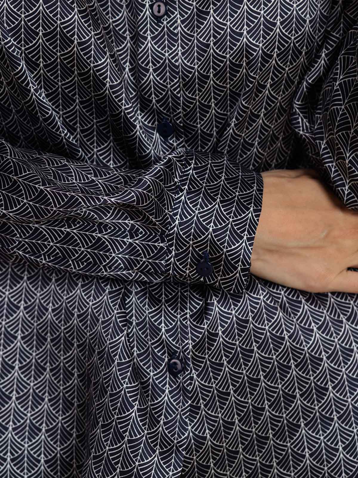 [Navy Ginkgo] SilkSilky-UK Silk Long Sleeve Collar Women's Shirt 003