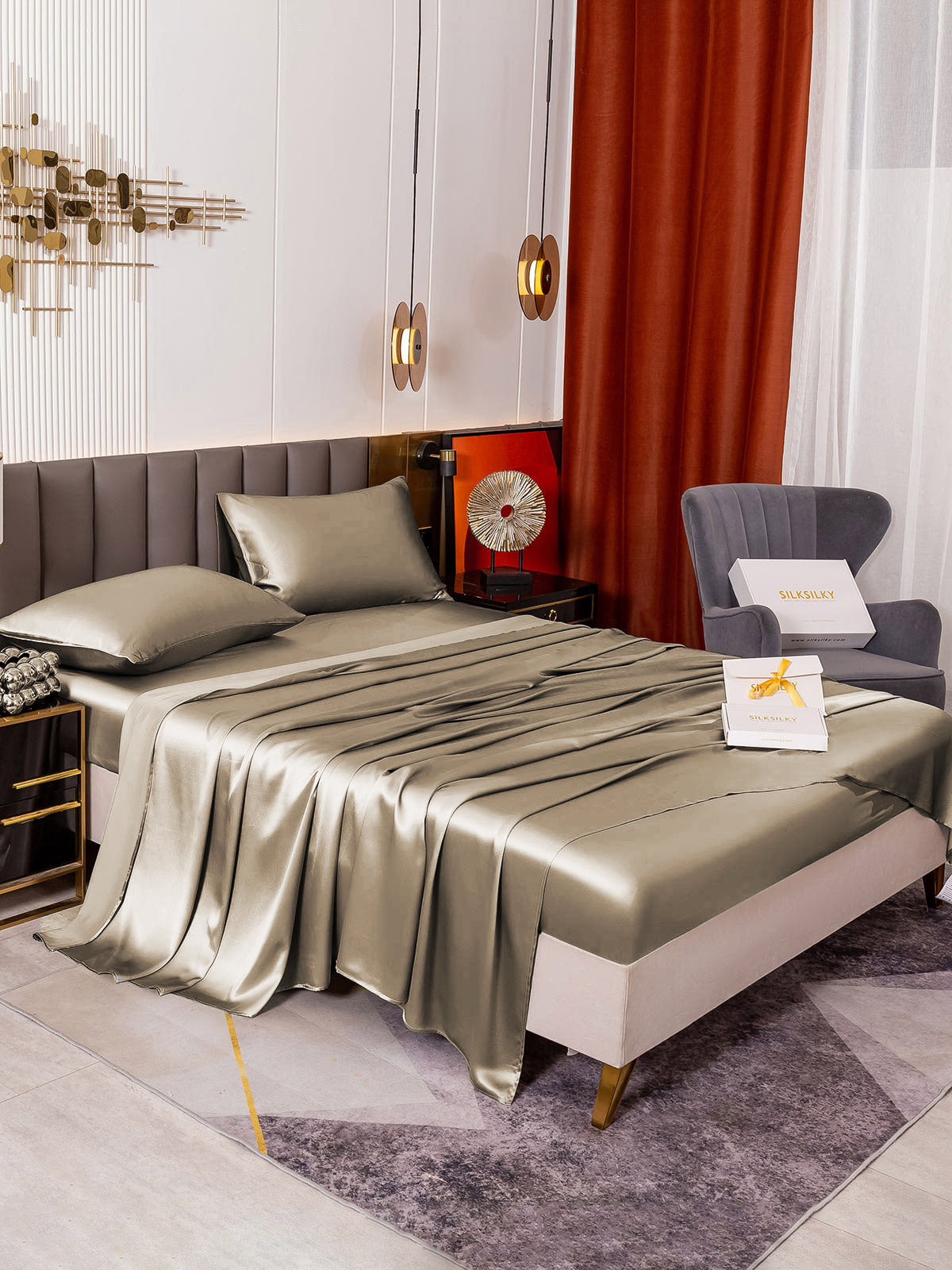 [Khaki] SilkSilky-UK 19Momme Pure Silk Bedding Set 001