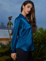 [Teal] SilkSilky-UK Long Sleeve Lapel Collar Women's Shirt 003