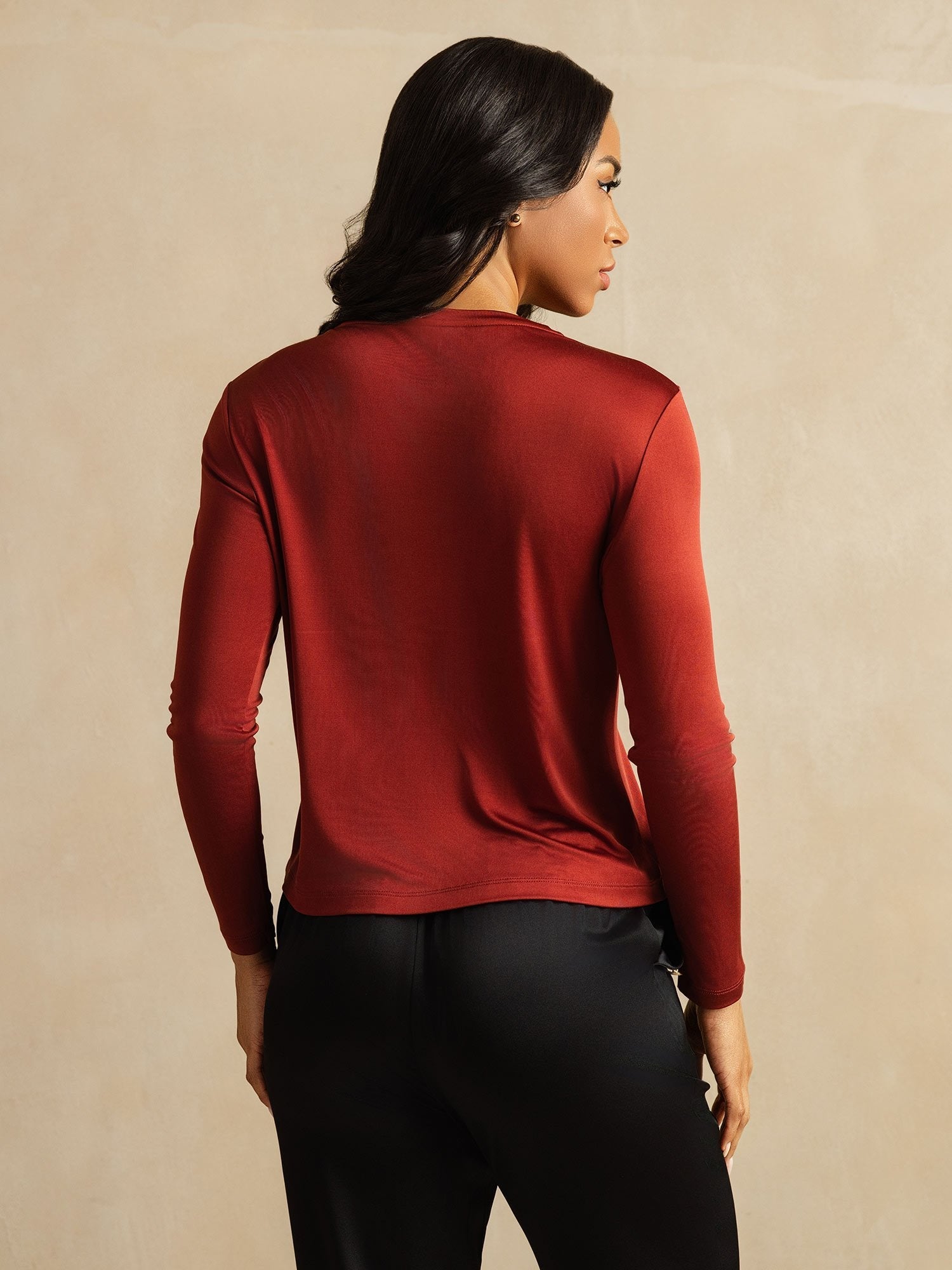 [Fired Brick] SilkSilky-UK 100% Silk Jersey Long Sleeve Crew Neck Women's T-Shirt 002