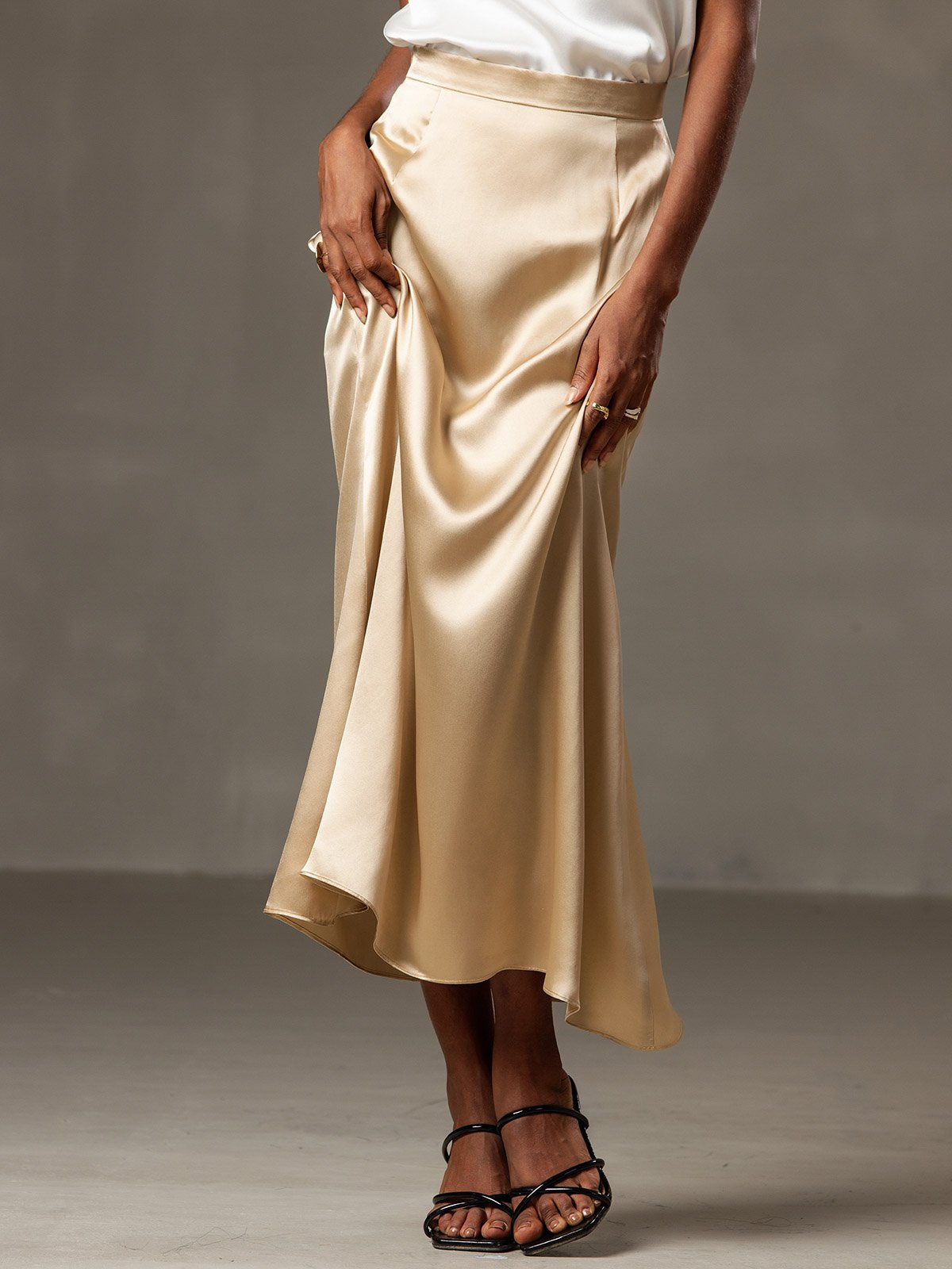 [Champagne] SilkSilky-UK 19Momme Stretch Silk Charmeuse Skirt 002