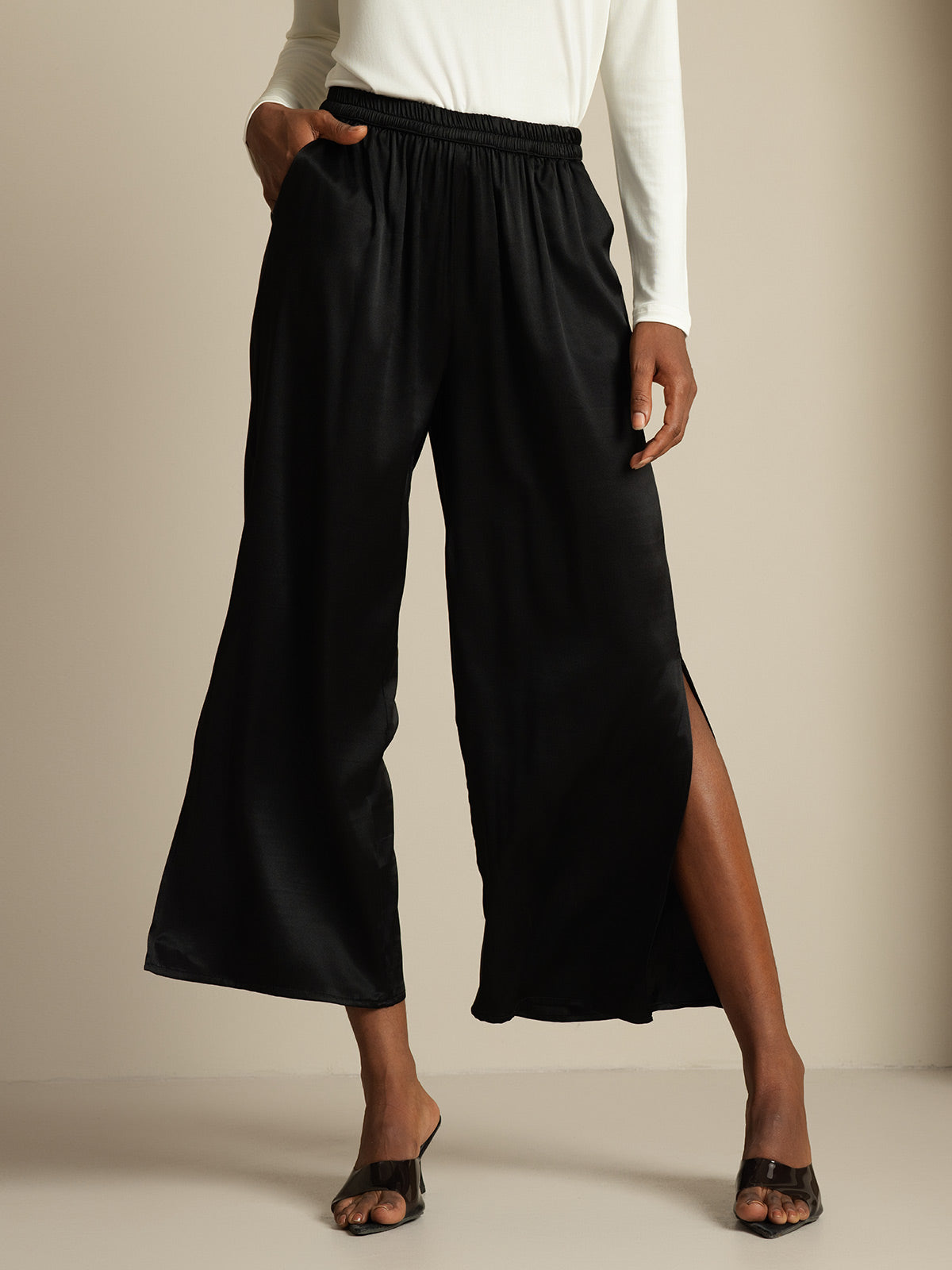 [Black] SilkSilky-UK 19Momme Silk Split Women's Pants 001,