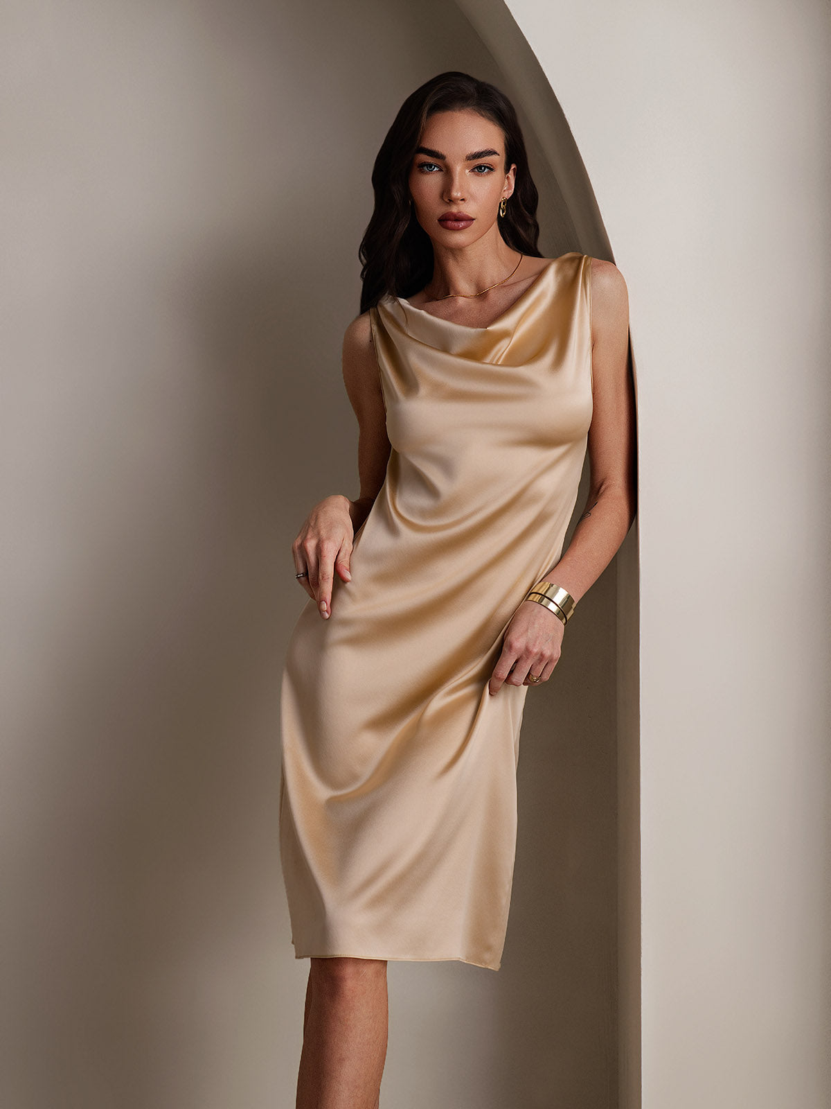 [Champagne] SilkSilky-UK 19Momme Silk Cowl Neck Dress 001