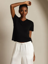 [Black] SilkSilky-UK 100% High-Twist Silk Jersey Short Sleeve V Neck Women's T-Shirt 005