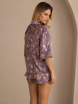 [Pink Palm] SilkSilky-UK Half Sleeve Lapel Collar Women's Pyjamas 002