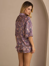 [Pink Palm] SilkSilky-UK Half Sleeve Lapel Collar Women's Pyjamas 002