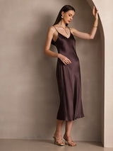 [Coffee] SilkSilky-UK Spaghetti Strap V Neck Dress 008