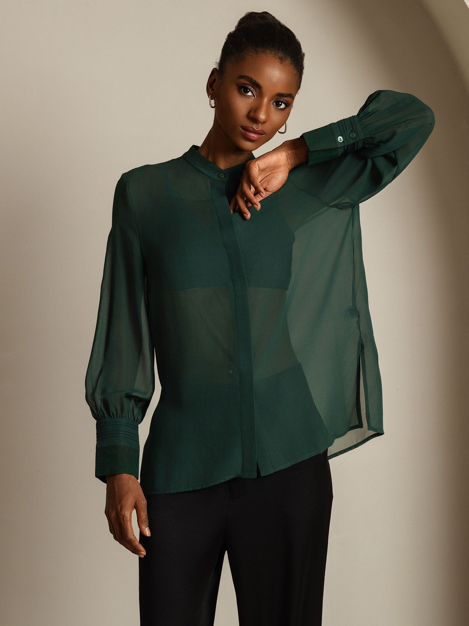 [Dark Green] SilkSilky-UK Pure Silk Split Women's Shirt 008