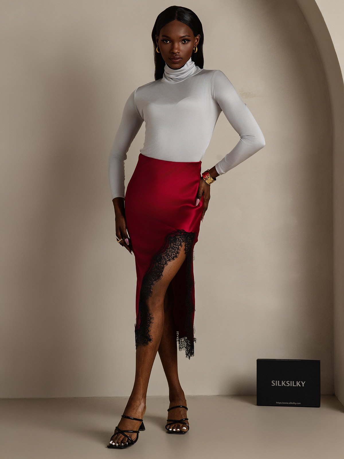 [Wine] SilkSilky-UK 19Momme Silk Split Skirt 001