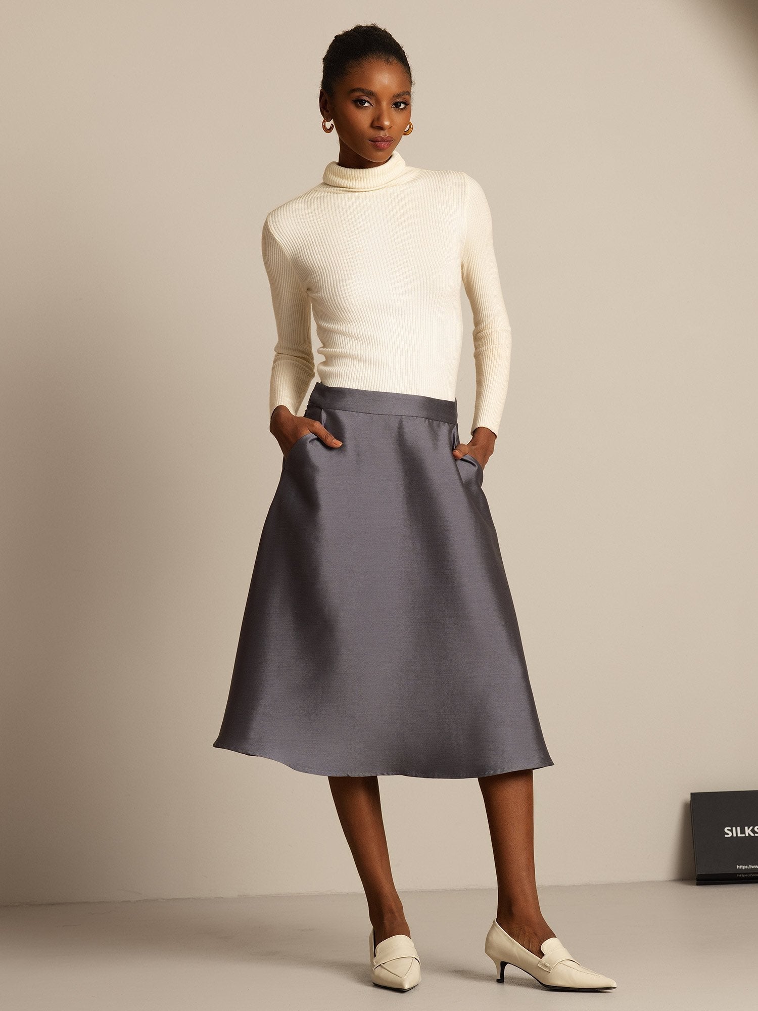 [Gray] SilkSilky-UK 32Momme Silk-Wool Blend Skirt 005,