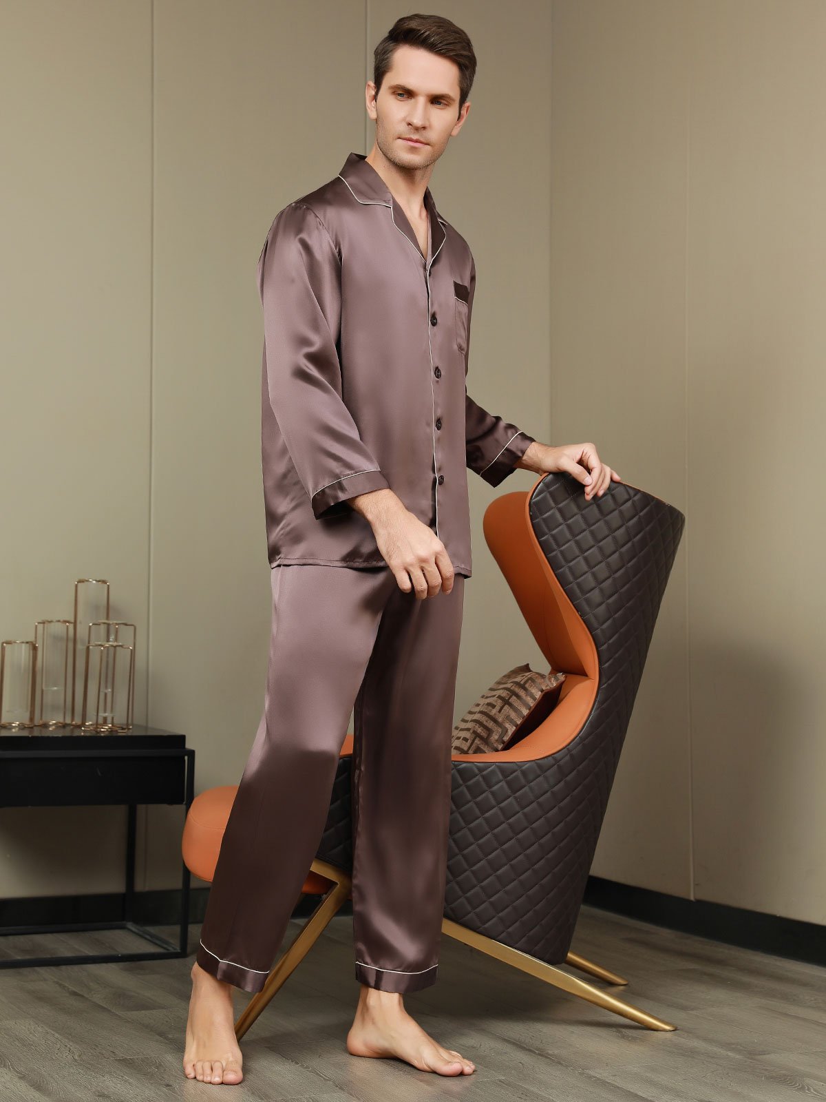 SilkSilky UK Pure Silk Long Sleeve Lapel Men's Pyjamas Coffee 005