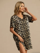 [Leopard] SilkSilky-UK Pure Silk Half Sleeve V Neck Nightdress 003